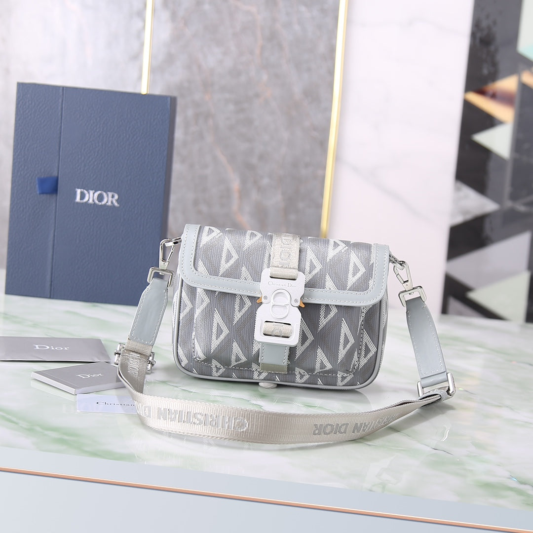 Dior Modern Grey Geometric Print Canvas Shoulder Bag with Metal Buckle