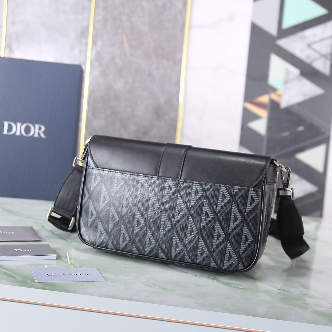 Dior Black Leather and Gray Patterned Canvas Crossbody Shoulder Bag