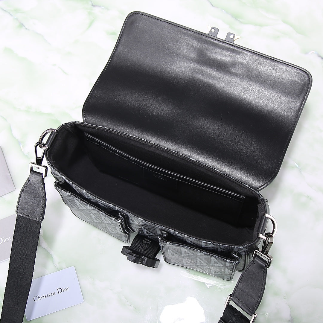 Dior Black Leather and Gray Patterned Canvas Crossbody Shoulder Bag