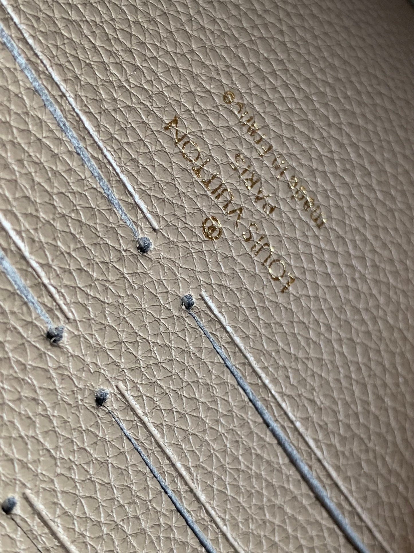 Louis Vuitton Elegant Taupe Embossed Leather Flap Handbag with Gold Chain Strap