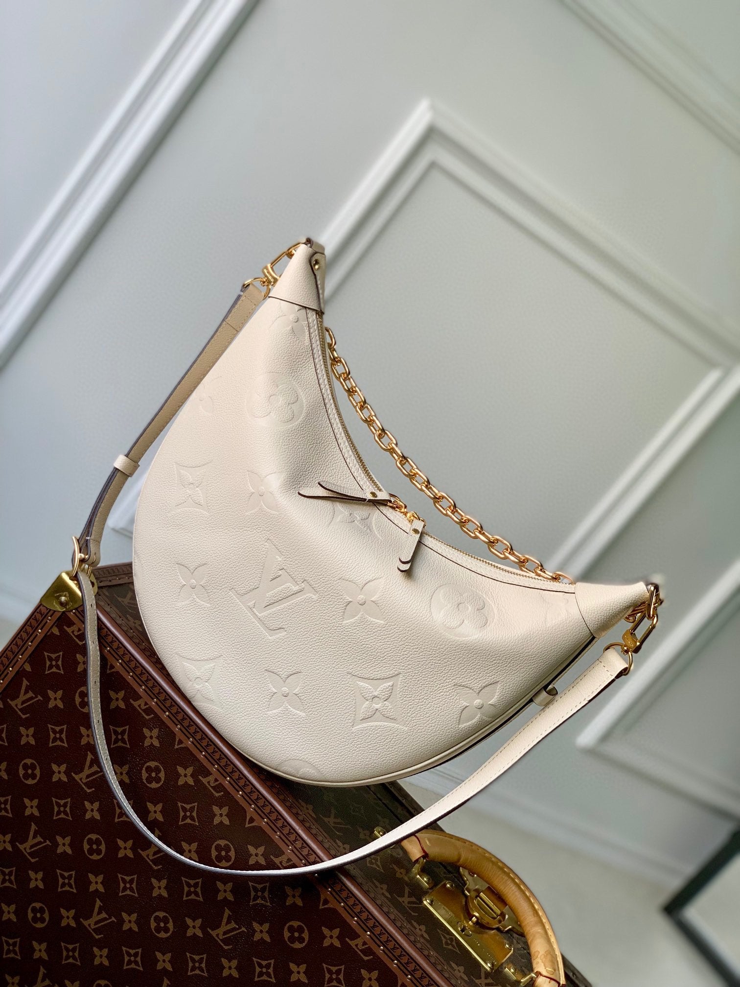 Louis Vuitton Cream Embossed Monogram Crescent Shoulder Bag with Gold Chain Detail