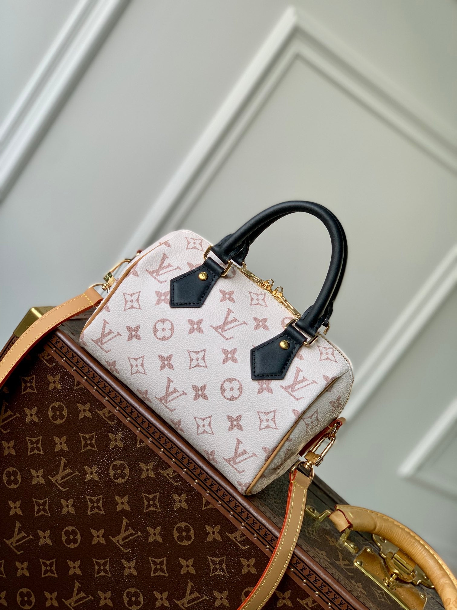 Louis Vuitton Cream Monogrammed Leather Crossbody Satchel Bag with Black Handle