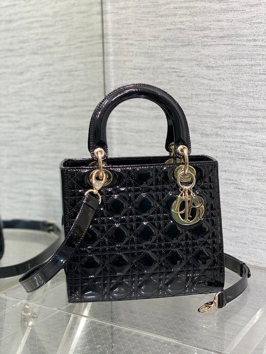 Dior Elegant Black Quilted Patent Leather Mini Handbag with Gold Hardware