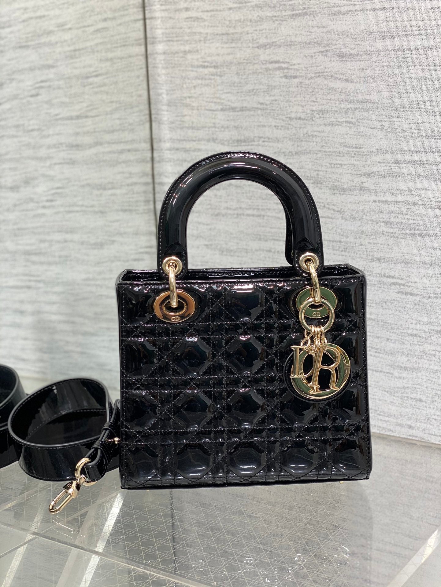 Dior Classic Black Quilted Patent Leather Mini Top Handle Bag