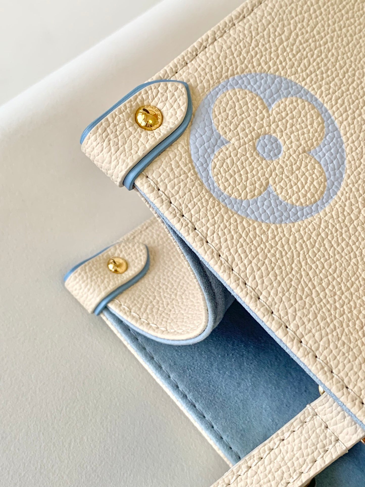 Louis Vuitton Elegant Beige and Pastel Blue Monogram Pattern Top Handle Tote Bag