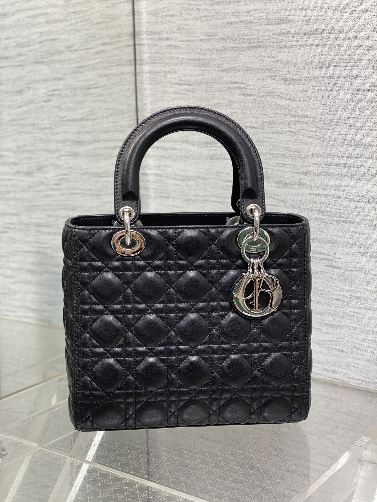 Dior Classic Black Quilted Leather Top Handle Handbag with Shoulder Strap