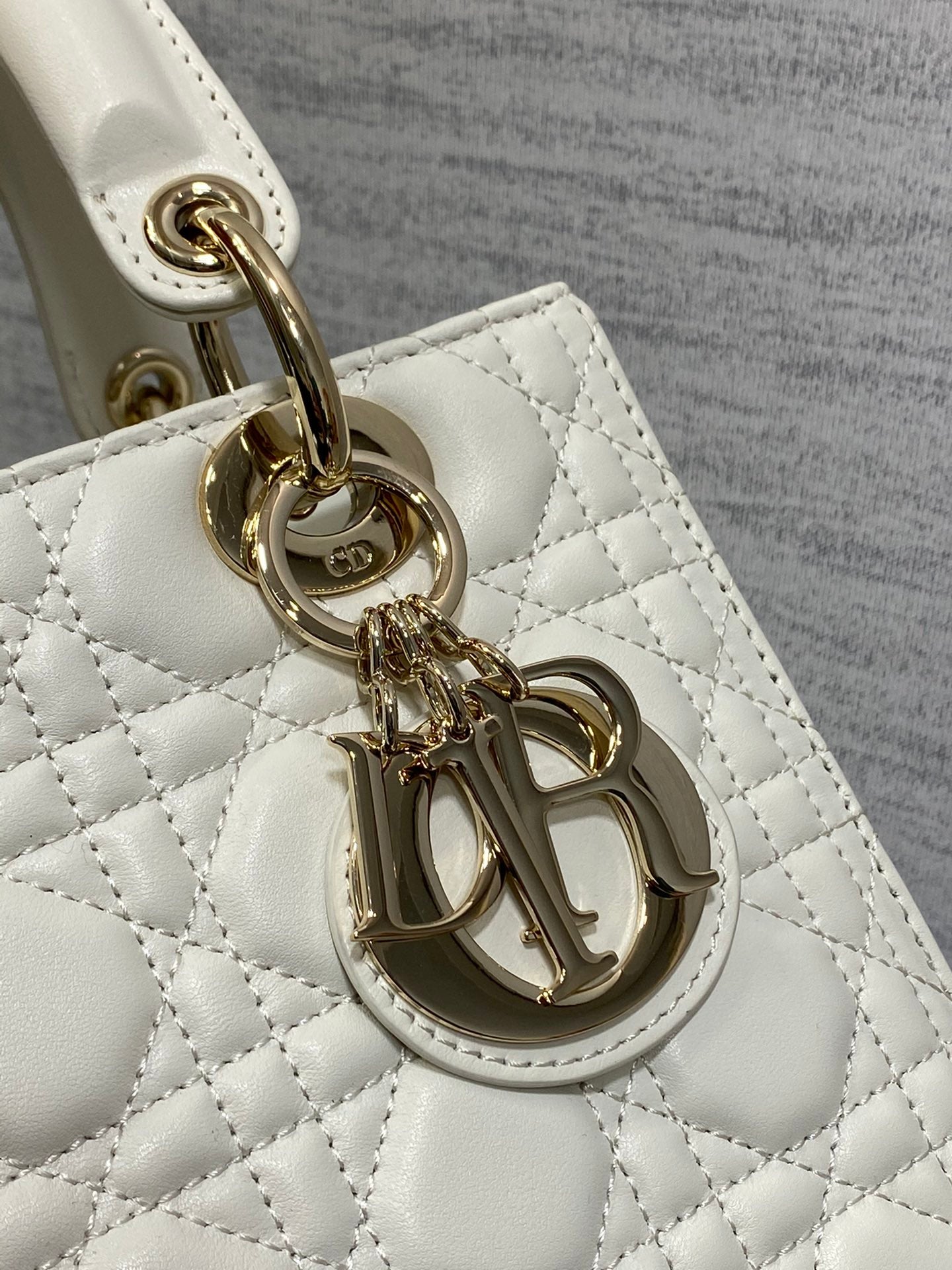 Dior Classic White Quilted Leather Top Handle Handbag with Gold Charms