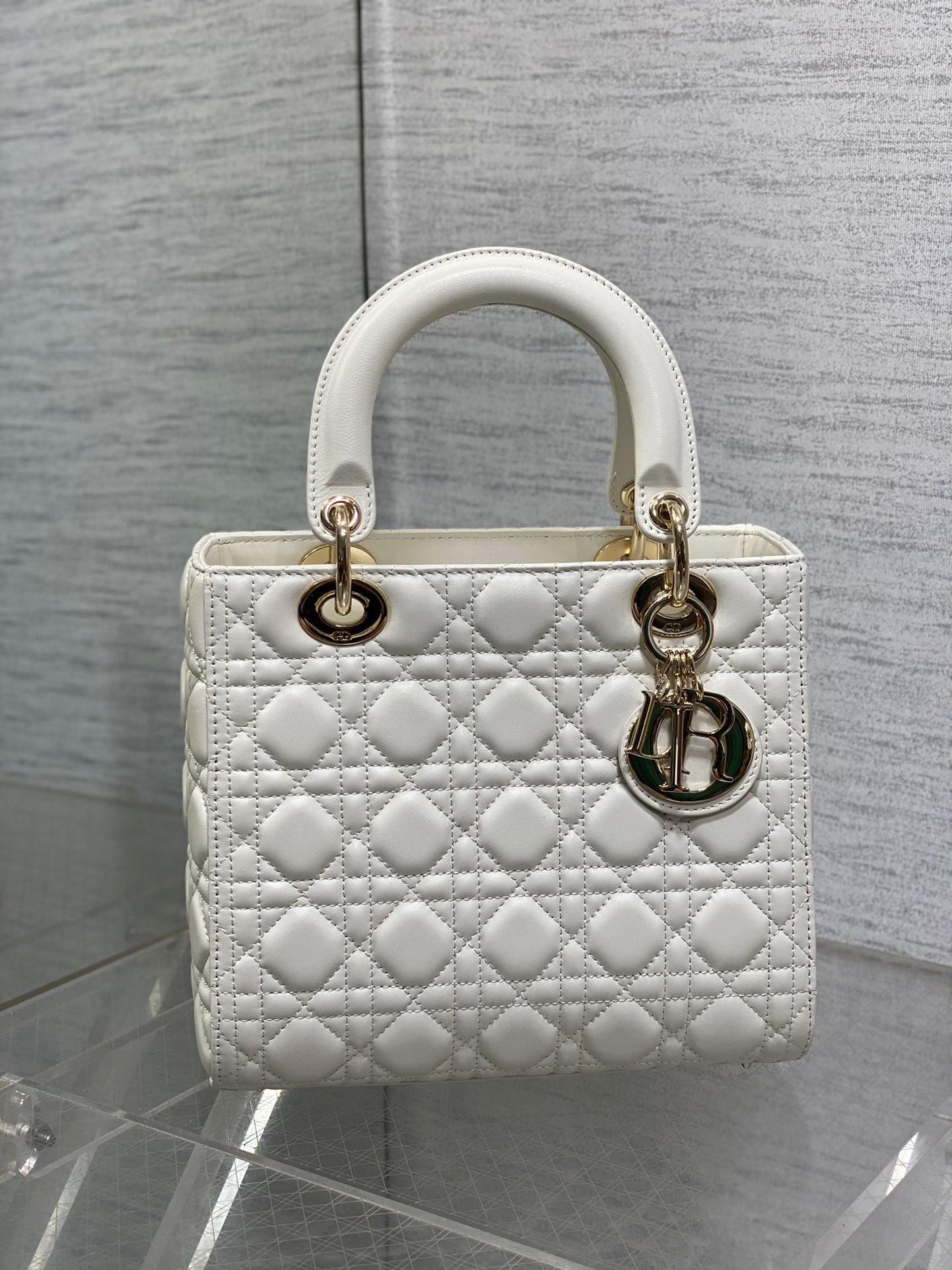 Dior Classic White Quilted Leather Top Handle Handbag with Gold Charms