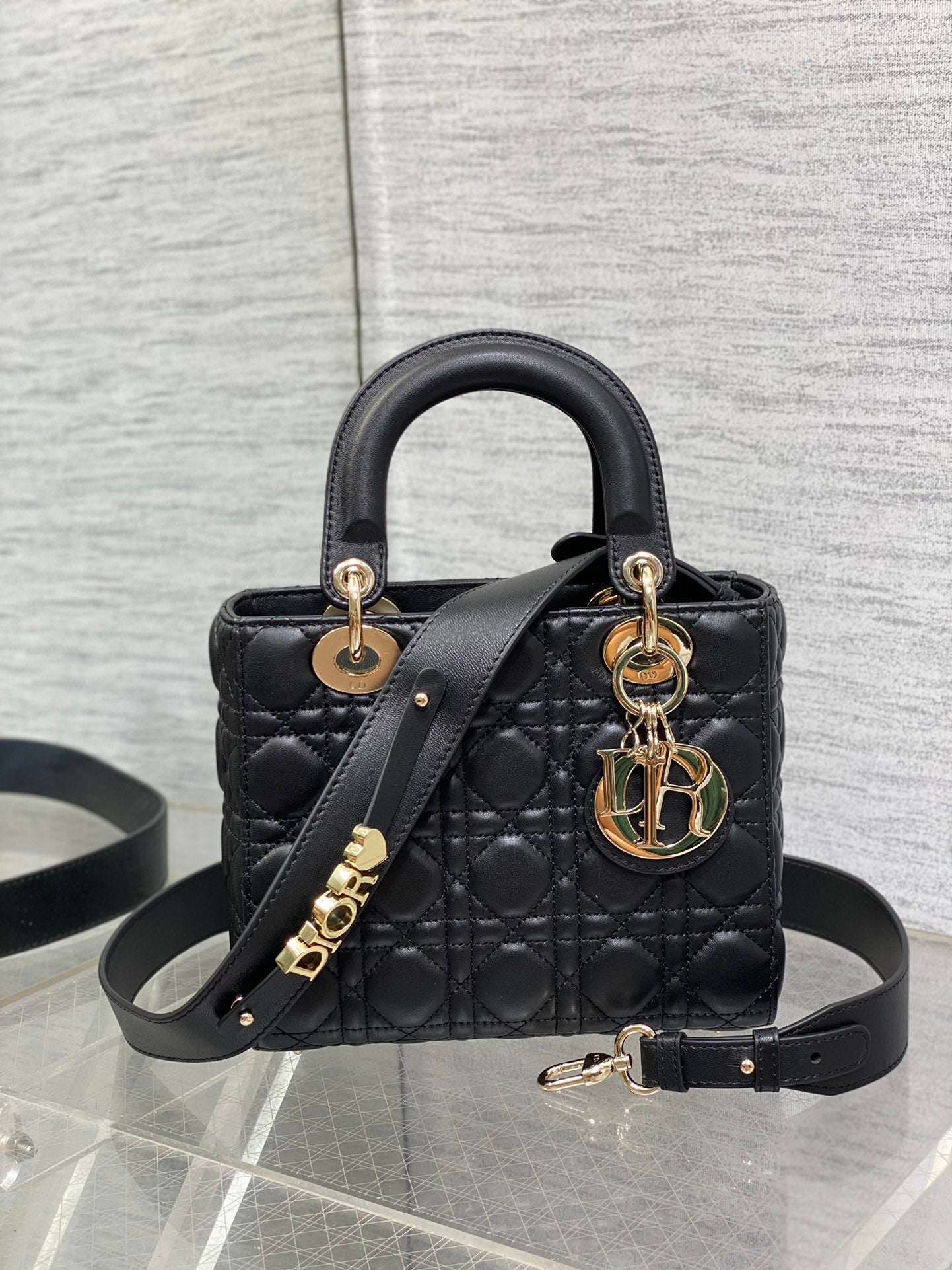 Dior Luxury Black Quilted Leather Mini Tote Bag with Gold Charm Accents