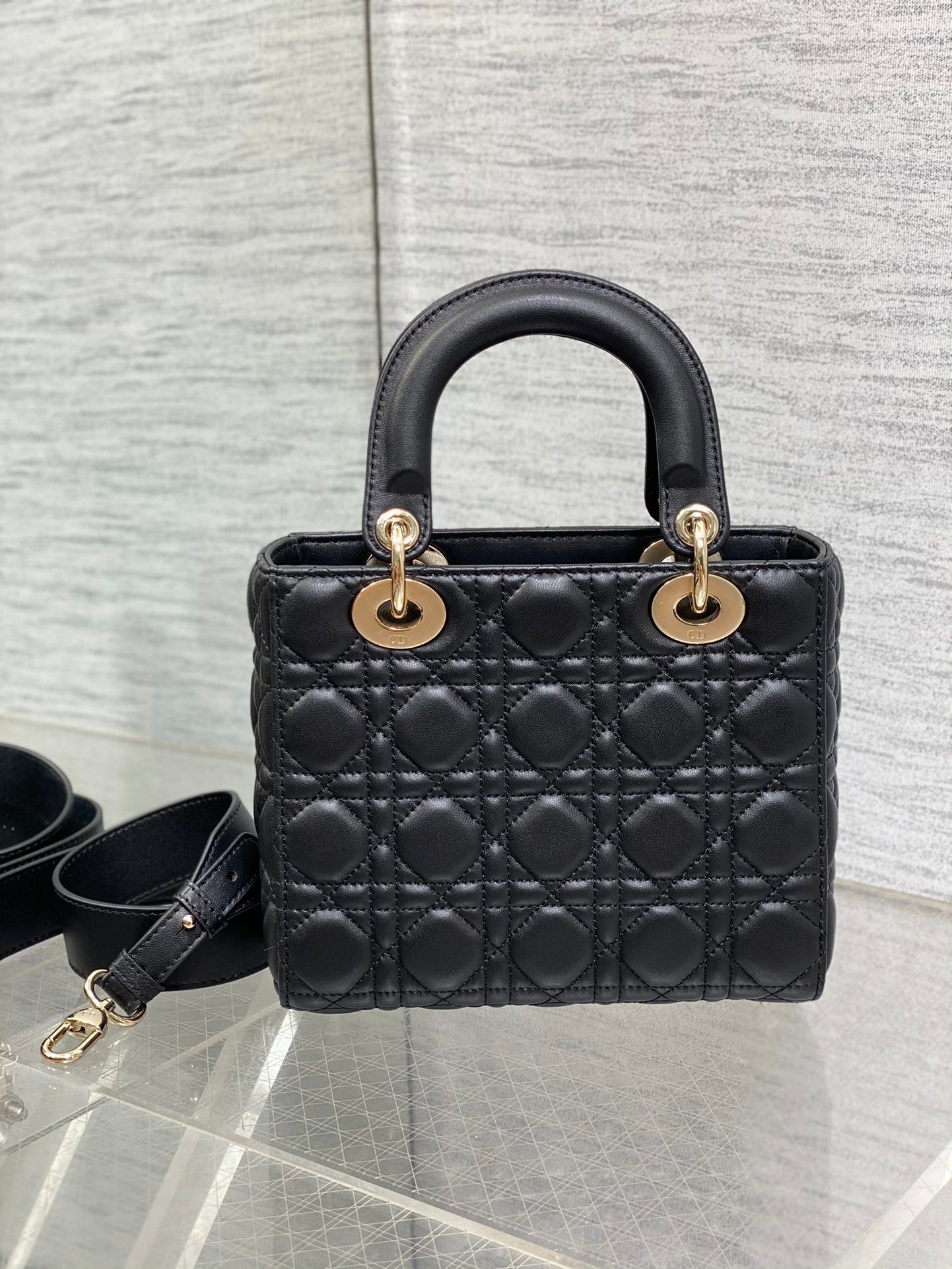 Dior Black Quilted Leather Top Handle Bag with Crossbody Strap