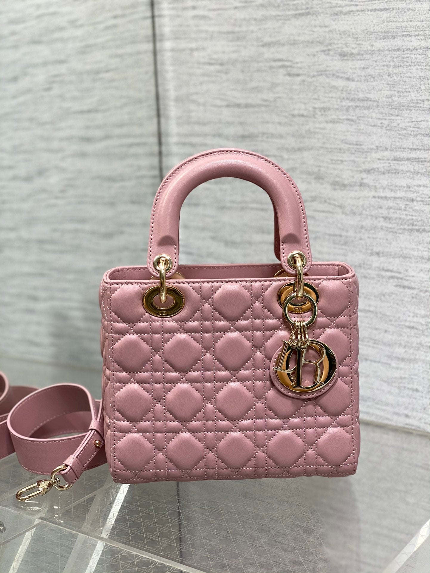 Dior Elegant Pink Quilted Leather Top Handle Bag with Shoulder Strap
