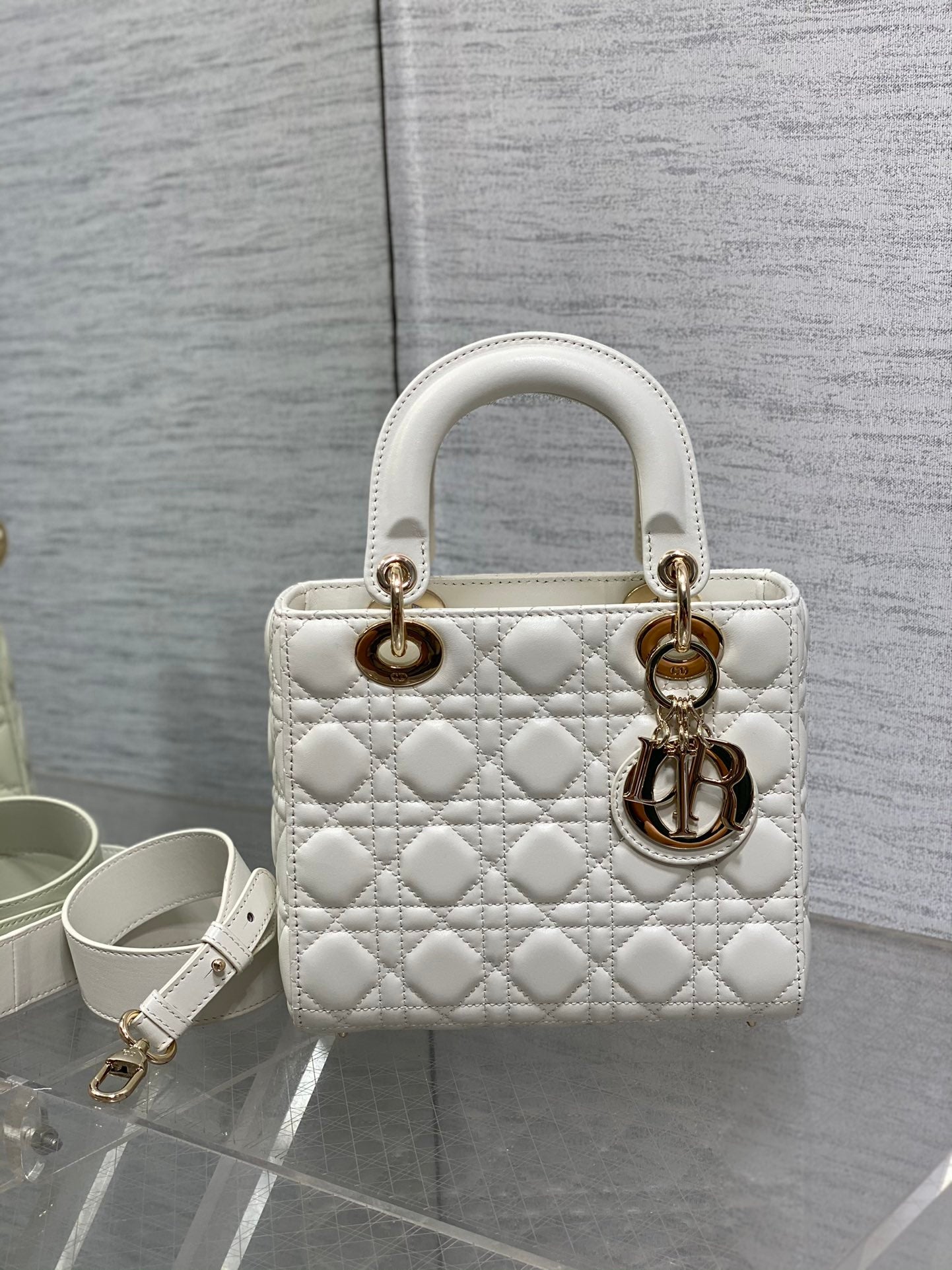 Dior White Quilted Leather Top Handle Handbag with Gold Hardware