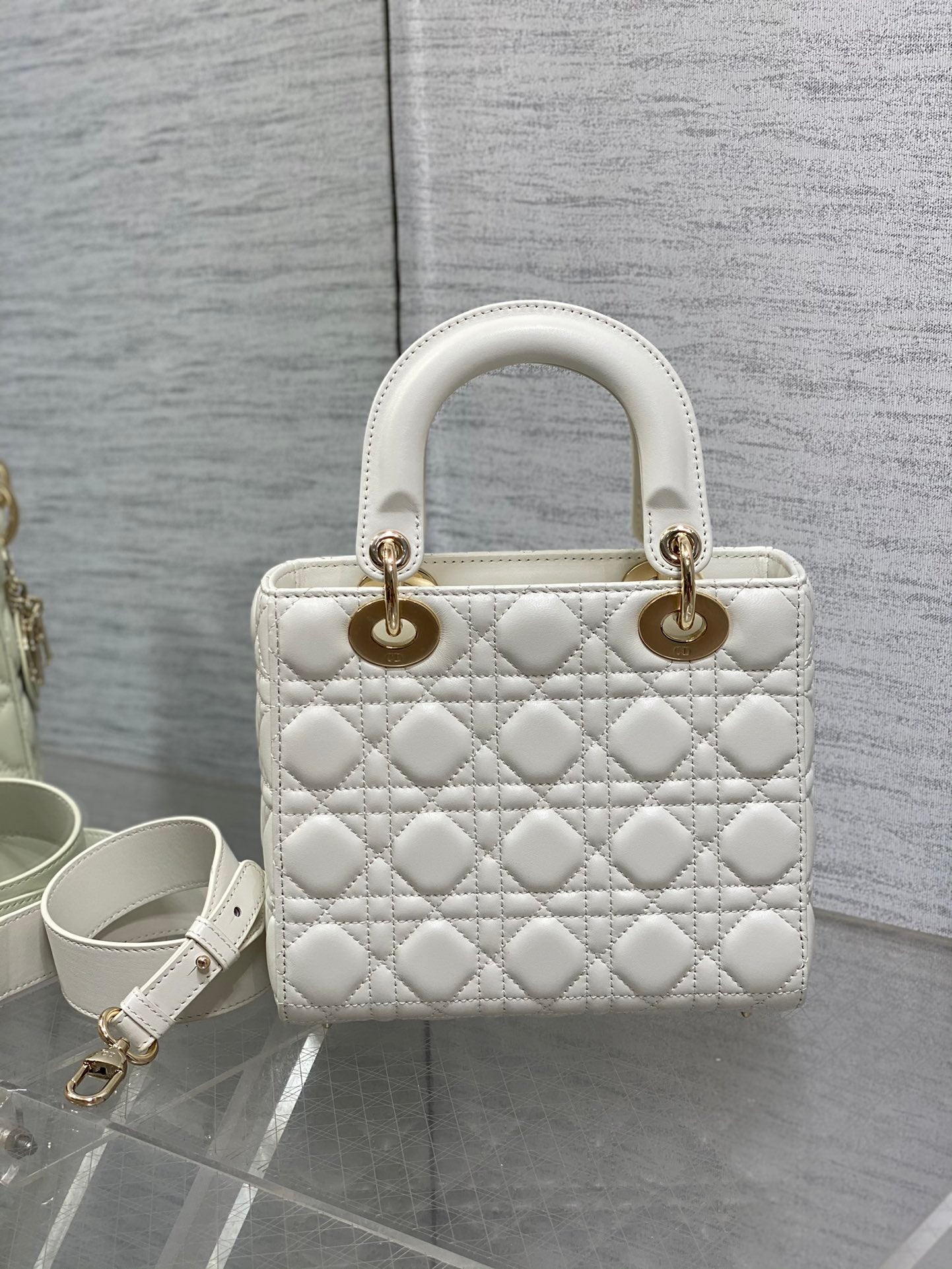 Dior White Quilted Leather Top Handle Handbag with Gold Hardware