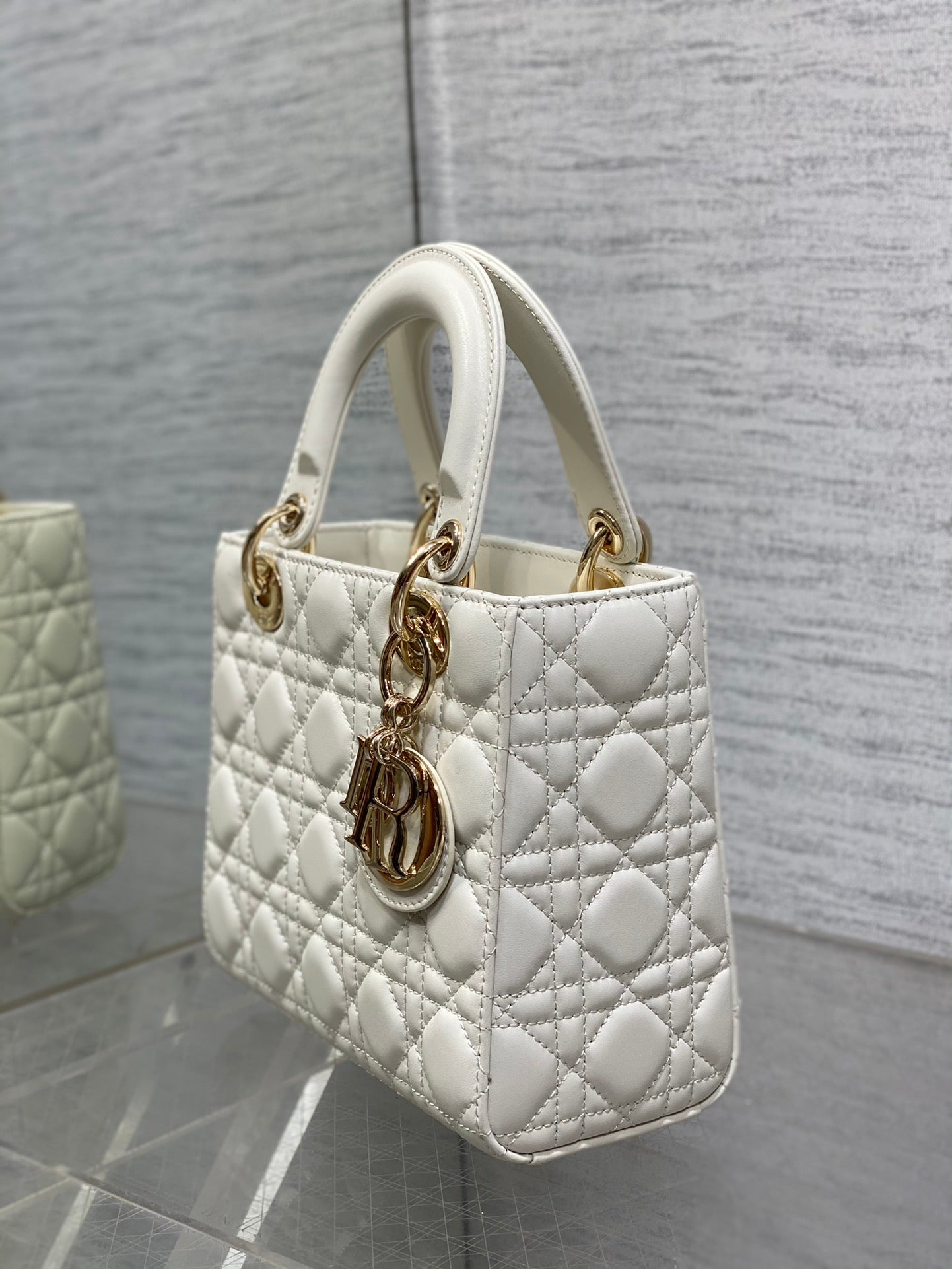 Dior White Quilted Leather Top Handle Handbag with Gold Hardware
