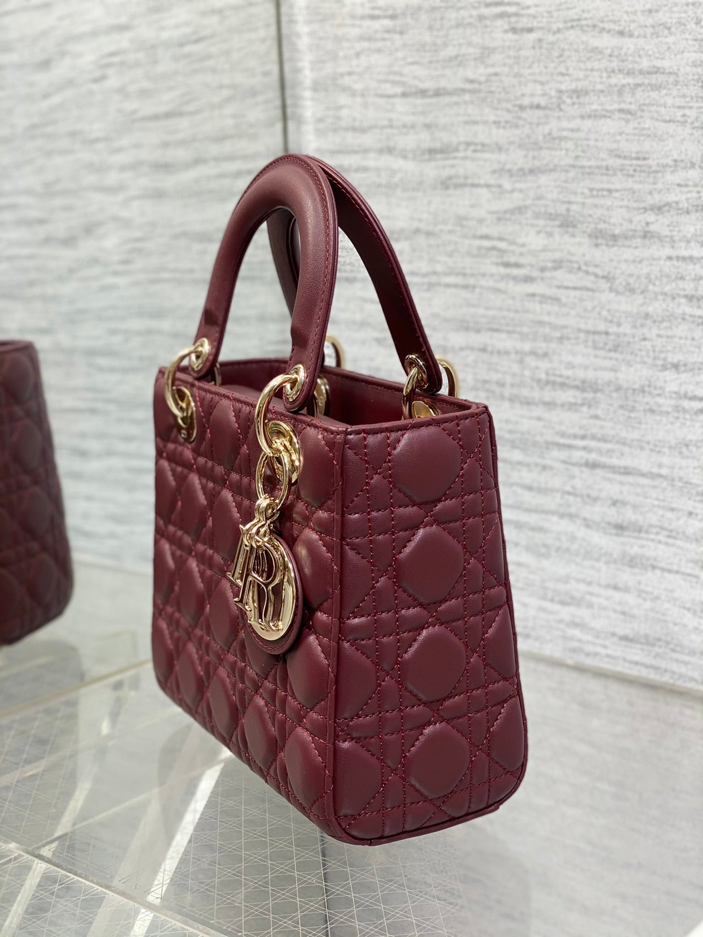 Dior Burgundy Quilted Leather Top Handle Handbag with Crossbody Strap