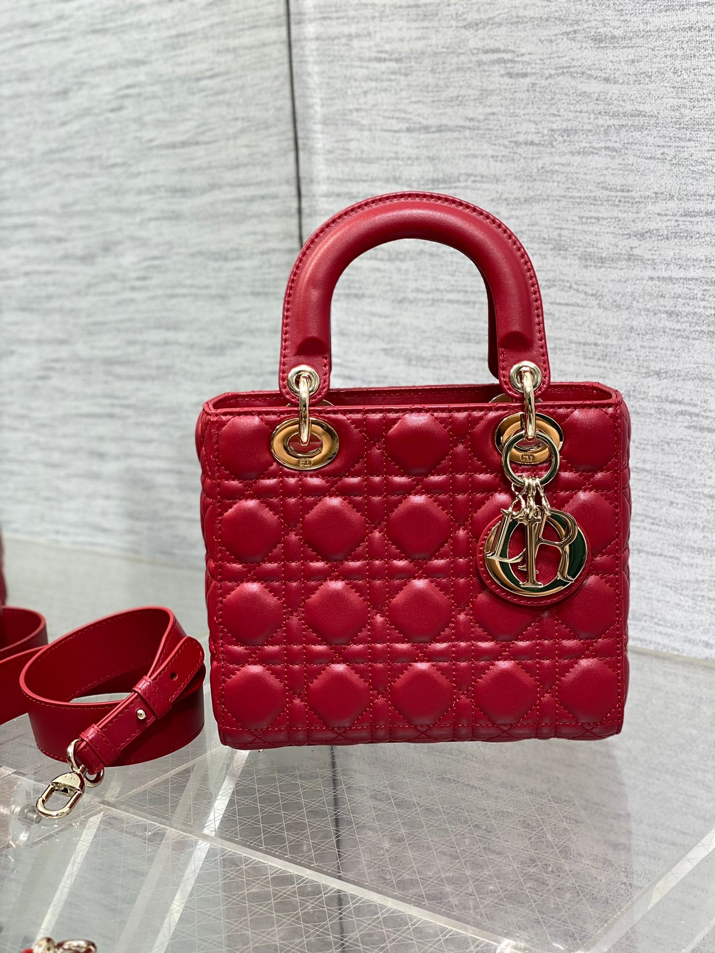 Dior Red Quilted Leather Top Handle Bag with Gold Charms and Crossbody Strap