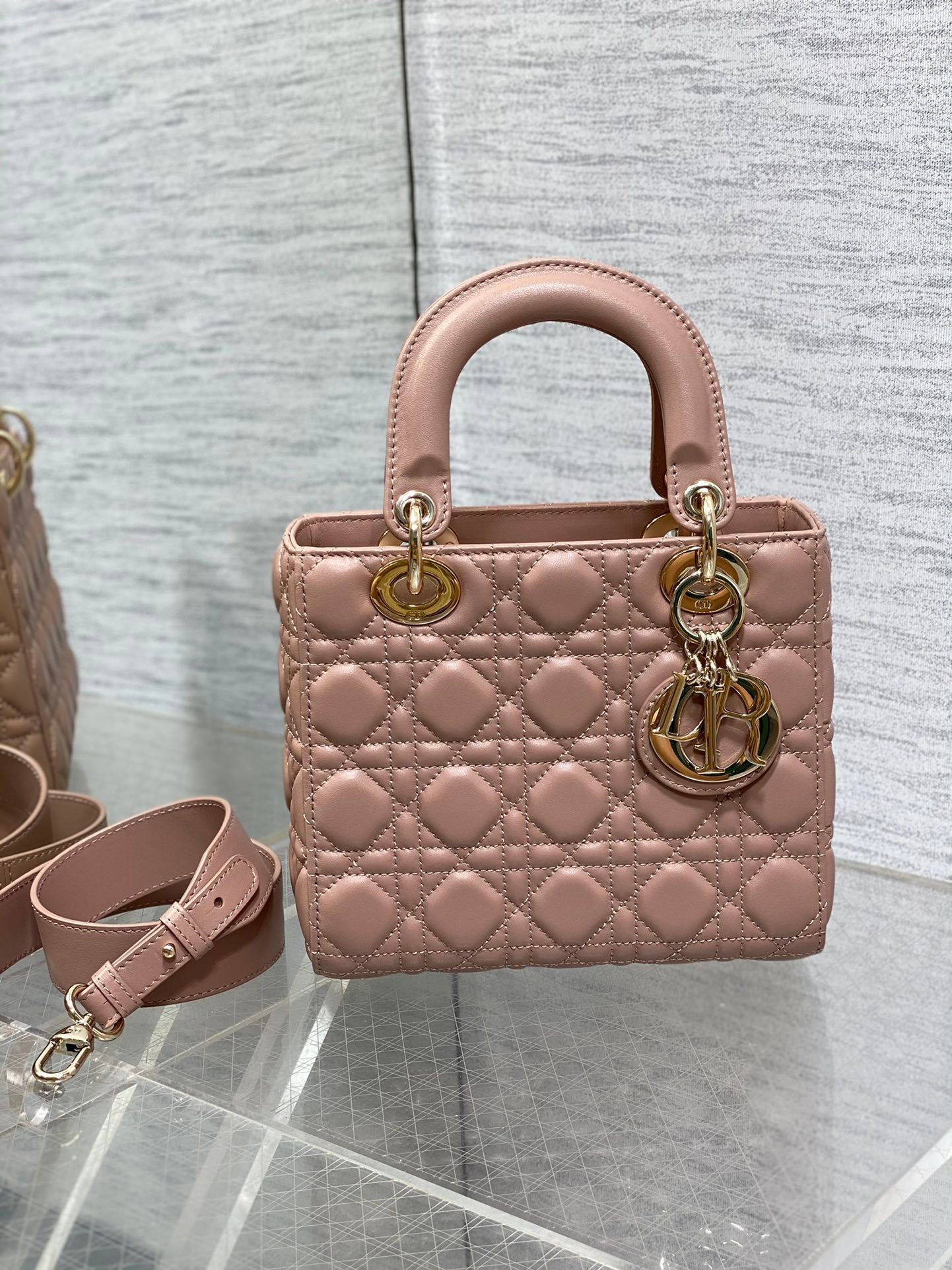 Dior Blush Pink Quilted Leather Top Handle Bag with Crossbody Strap