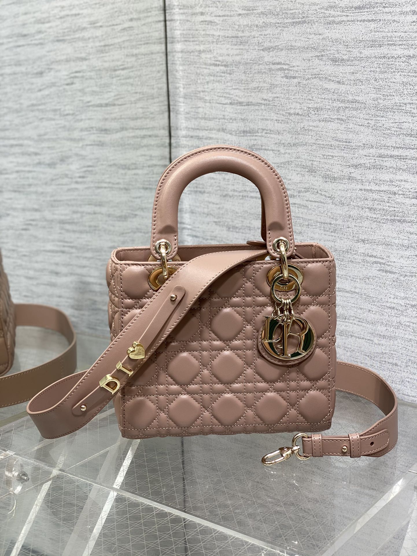 Dior Elegant Nude Pink Quilted Leather Handbag with Shoulder Strap