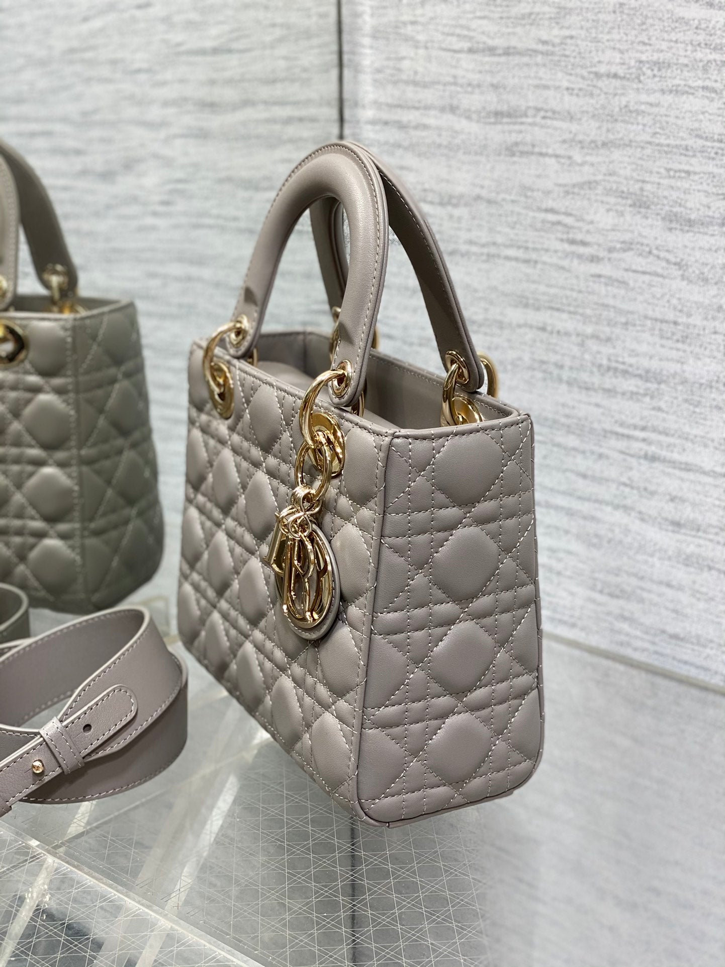Dior Grey Diamond Quilted Leather Top Handle Bag with Shoulder Strap