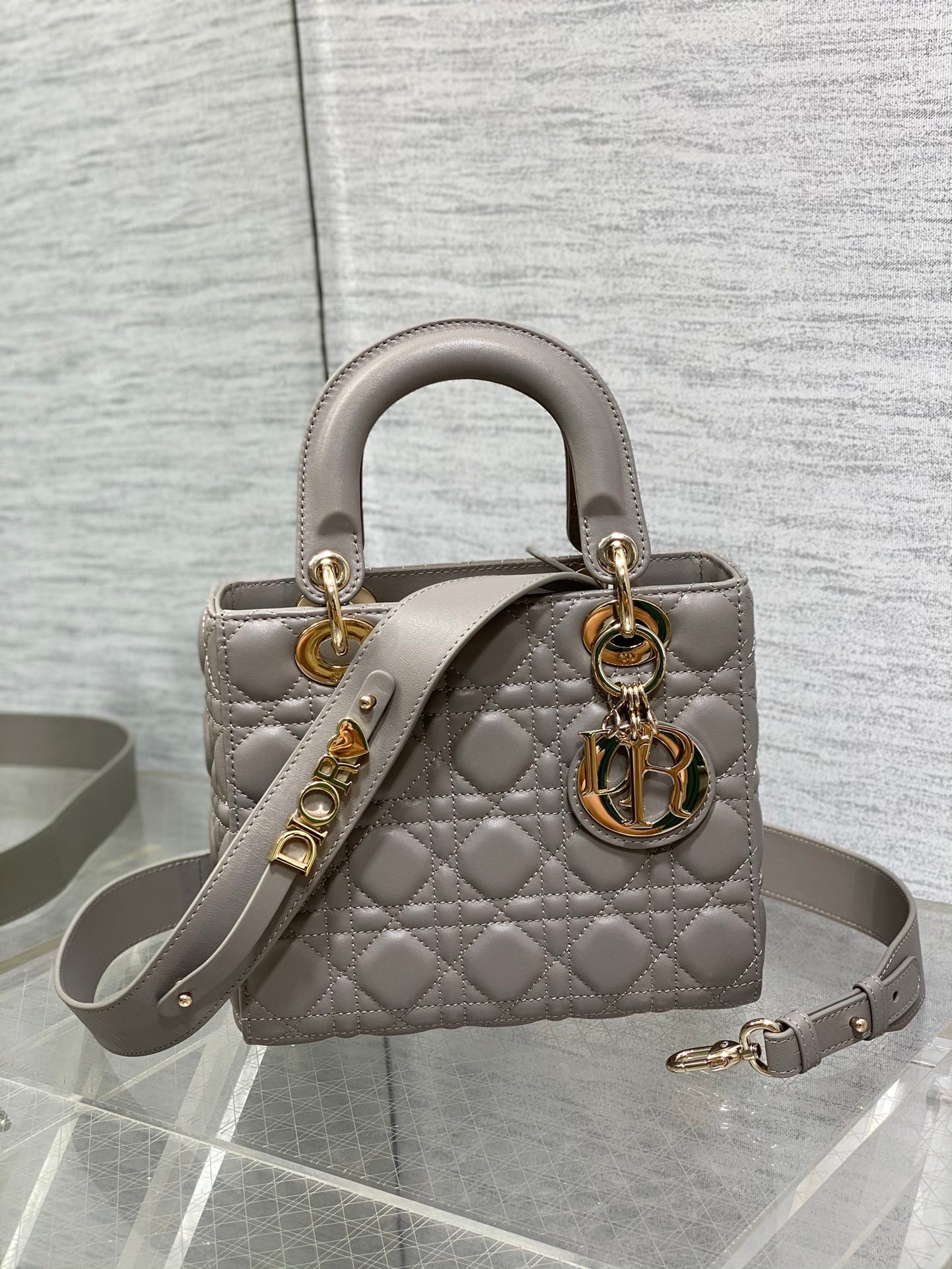 Dior Classic Grey Quilted Leather Handbag with Gold Charm Strap