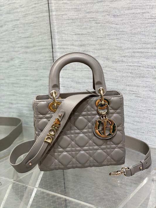 Dior Classic Grey Quilted Leather Handbag with Gold Charm Strap