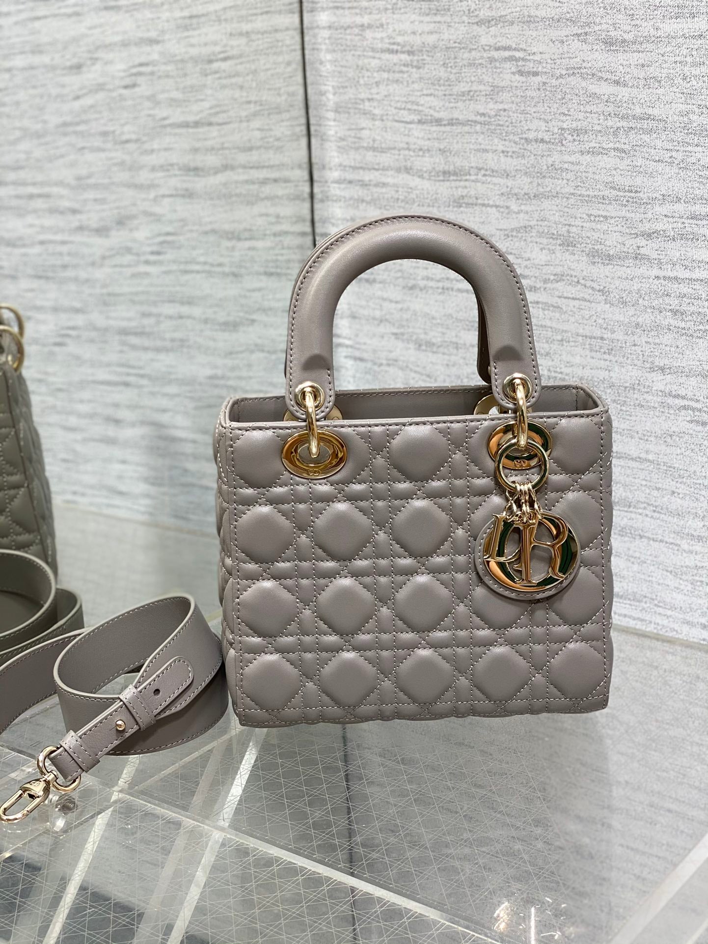 Dior Classic Grey Quilted Leather Handbag with Gold Charm Strap