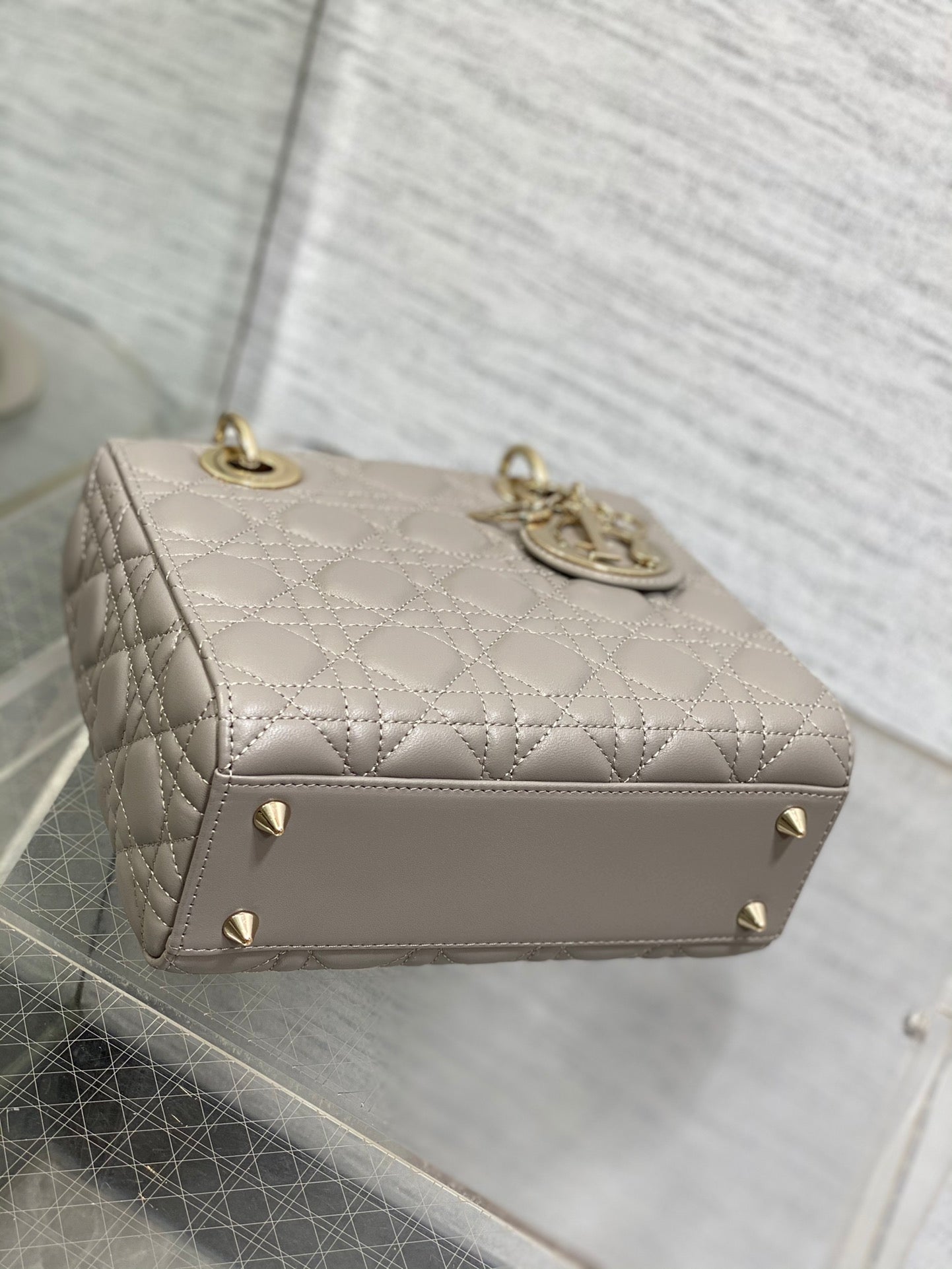 Dior Grey Diamond Quilted Leather Top Handle Bag with Shoulder Strap