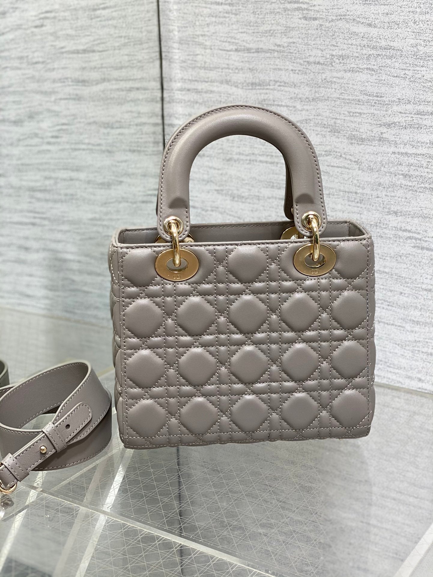 Dior Classic Grey Quilted Leather Top Handle Bag with Shoulder Strap