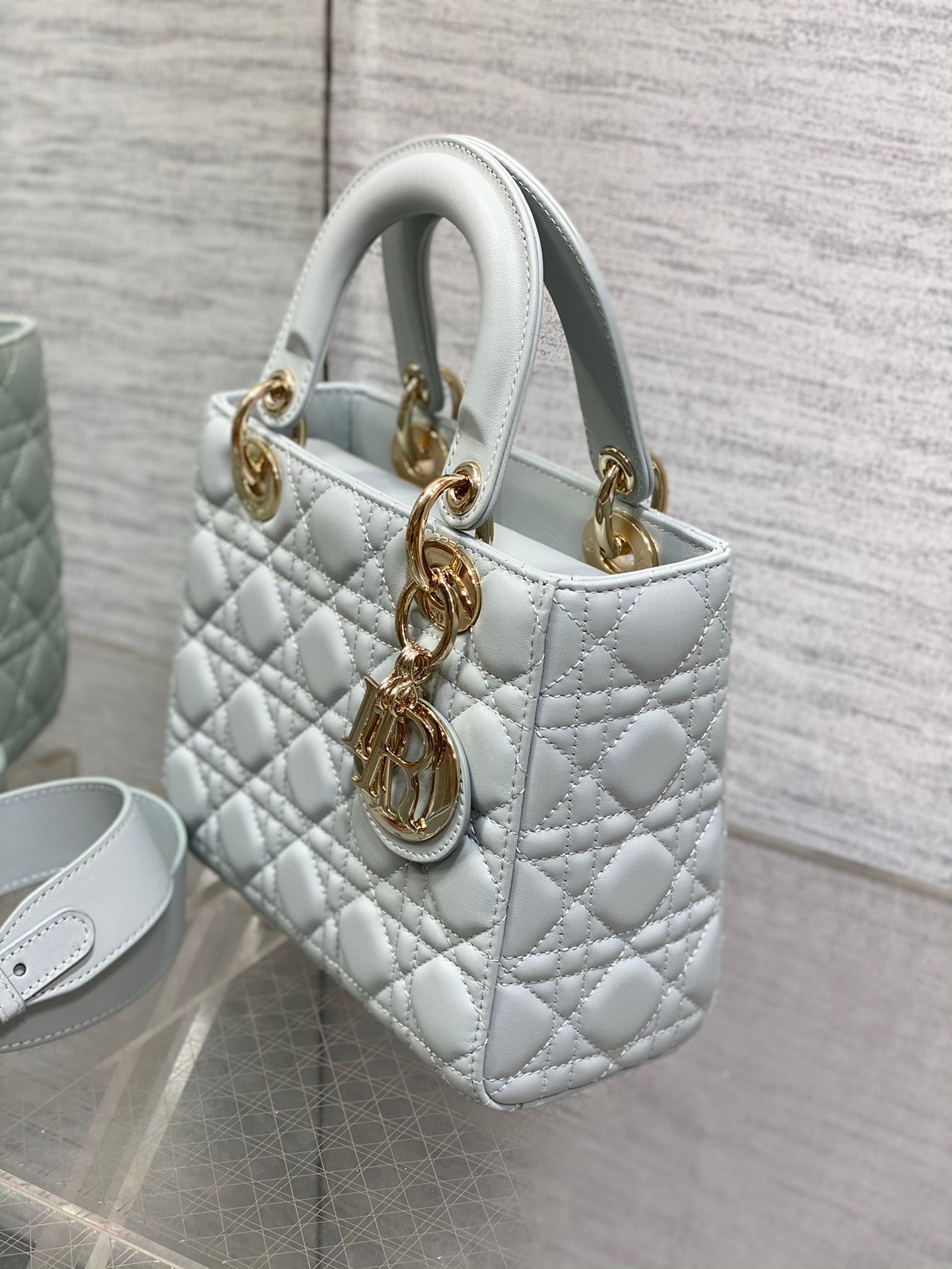 Dior Classic Light Blue Quilted Leather Handbag with Crossbody Strap