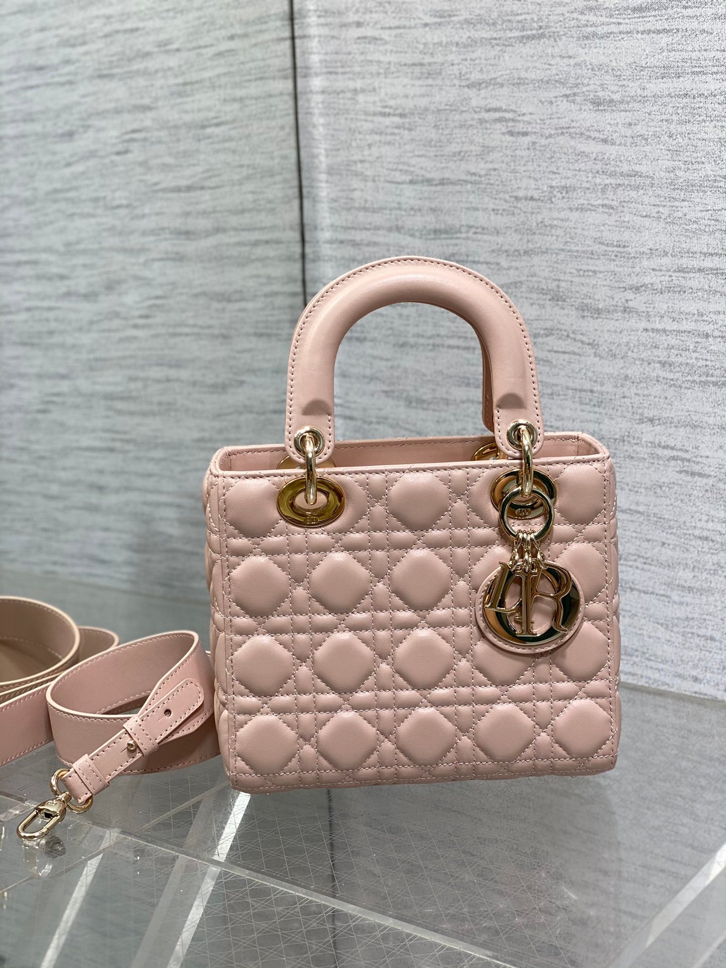 Dior Light Pink Quilted Leather Top Handle Bag with Gold Hardware