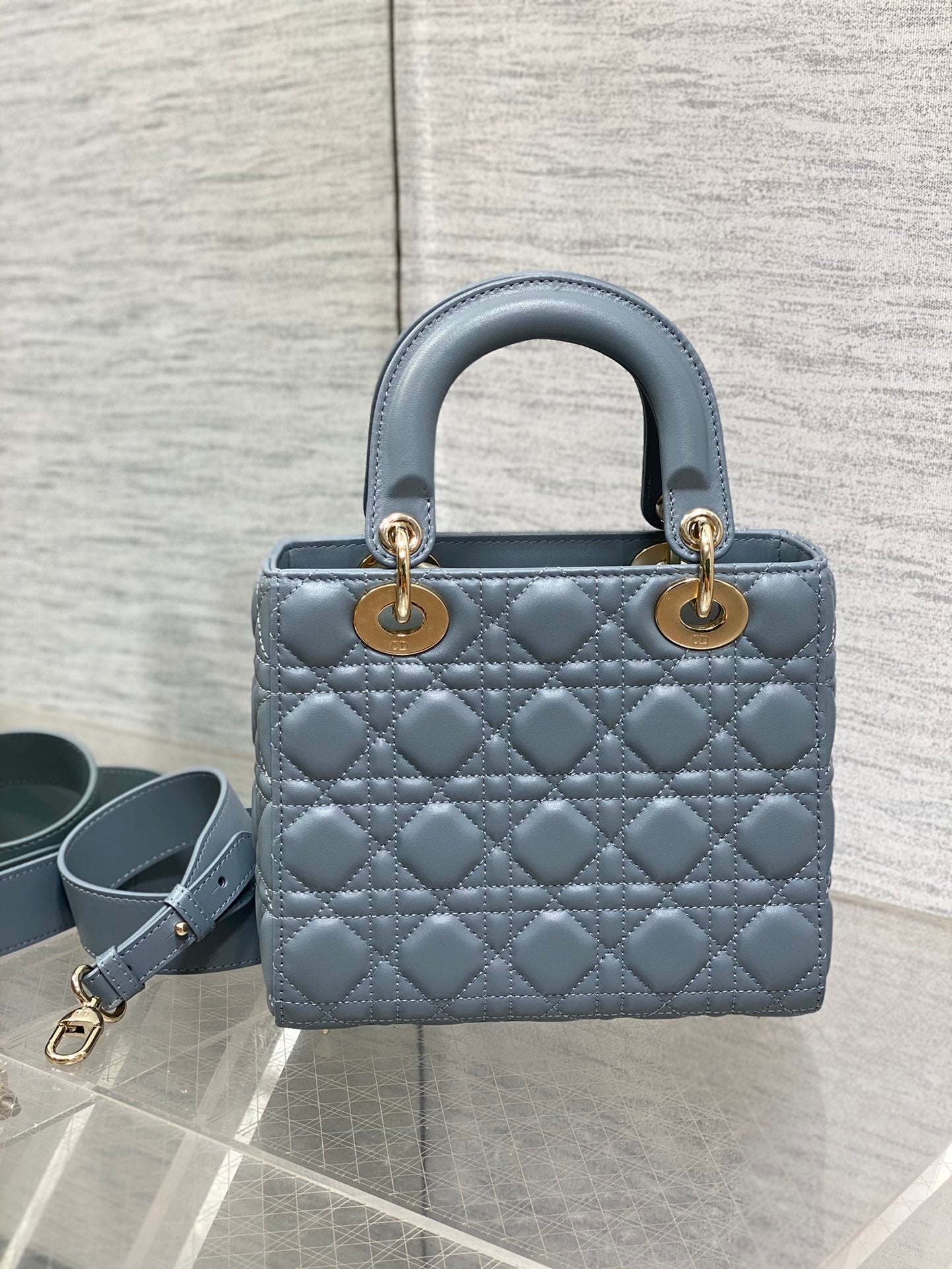 Dior Dusty Blue Quilted Leather Crossbody Bag with Top Handle