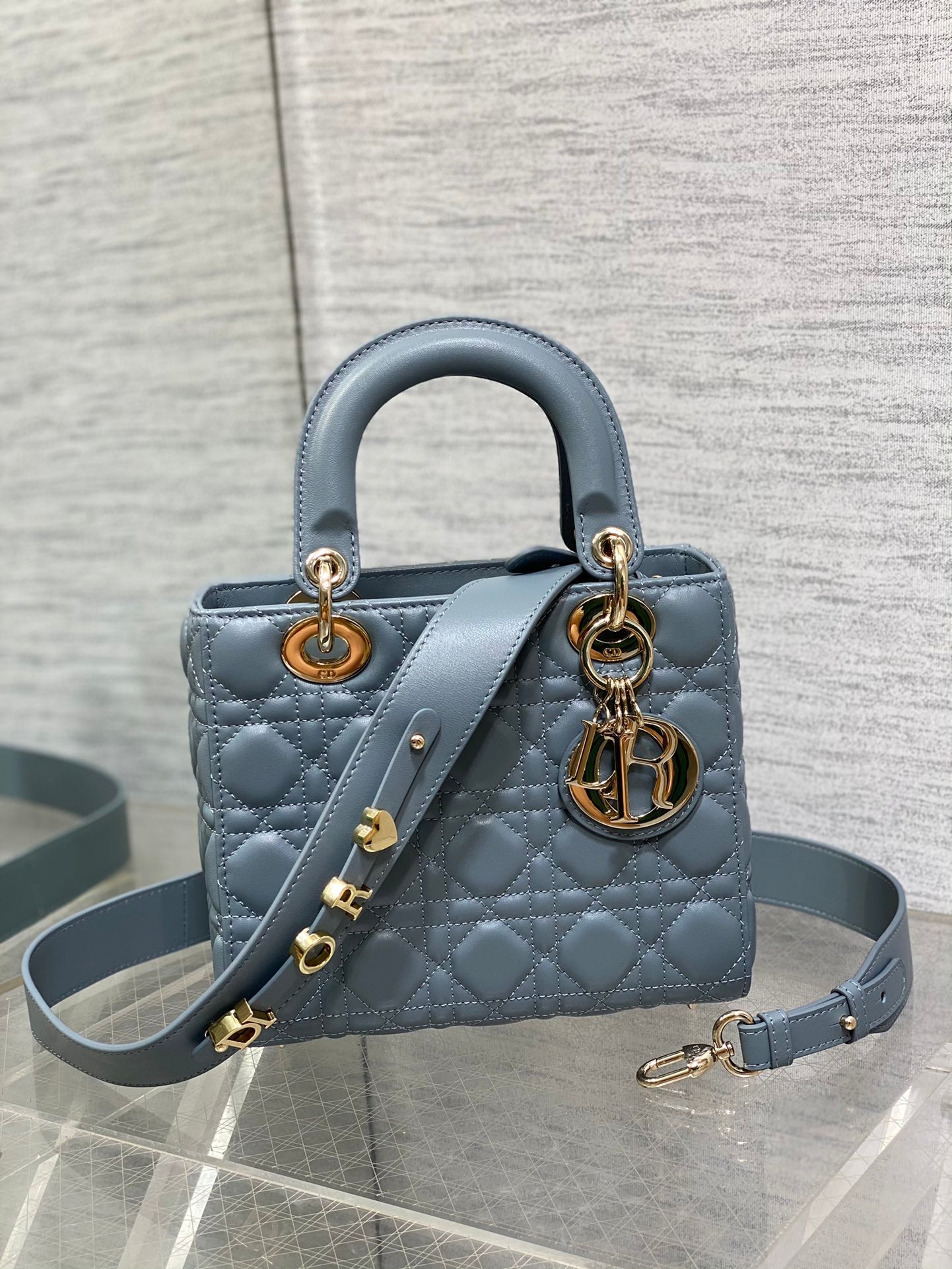 Dior Elegant Dusty Blue Quilted Leather Top Handle Crossbody Bag