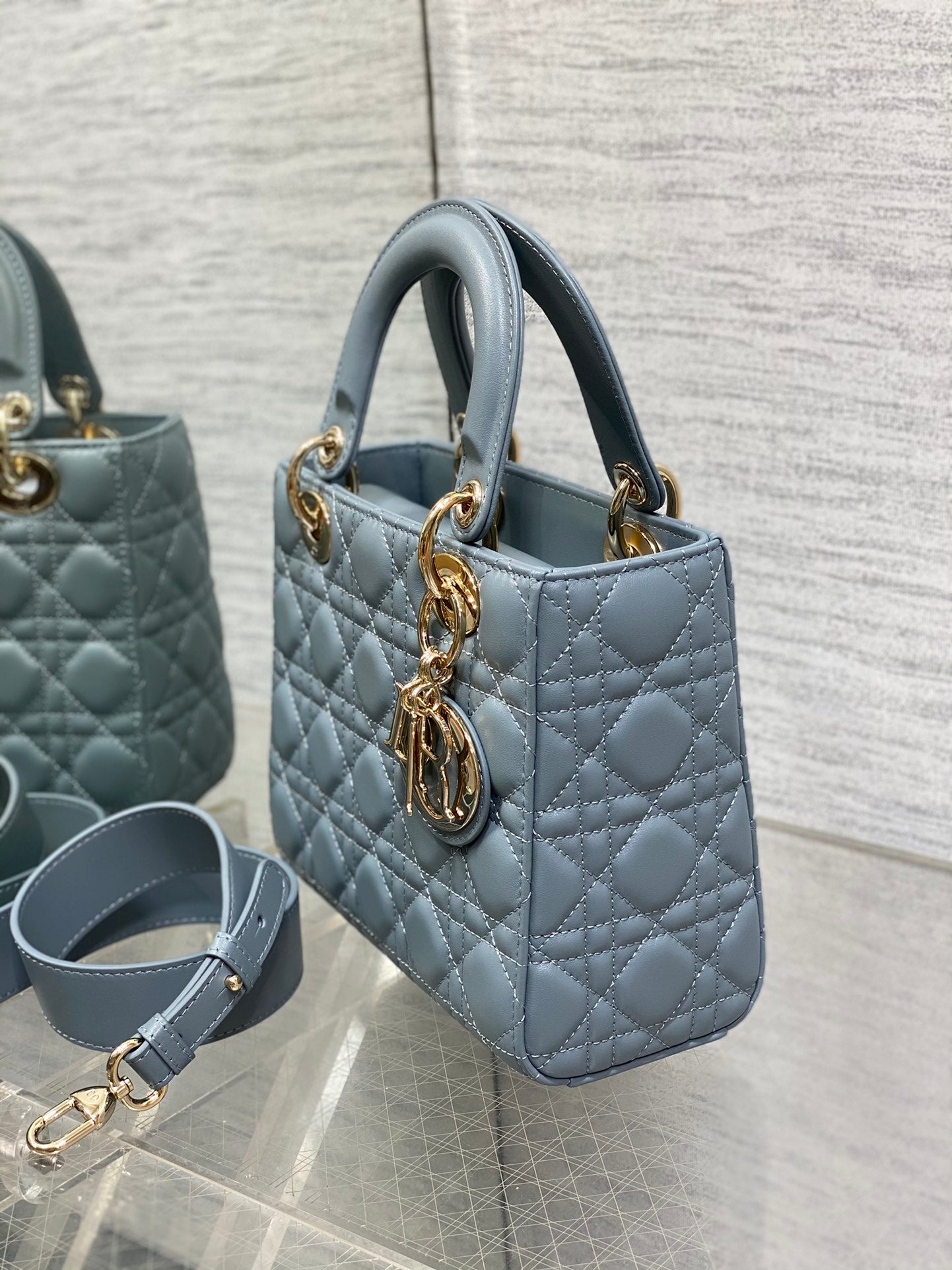 Dior Elegant Dusty Blue Quilted Leather Top Handle Crossbody Bag
