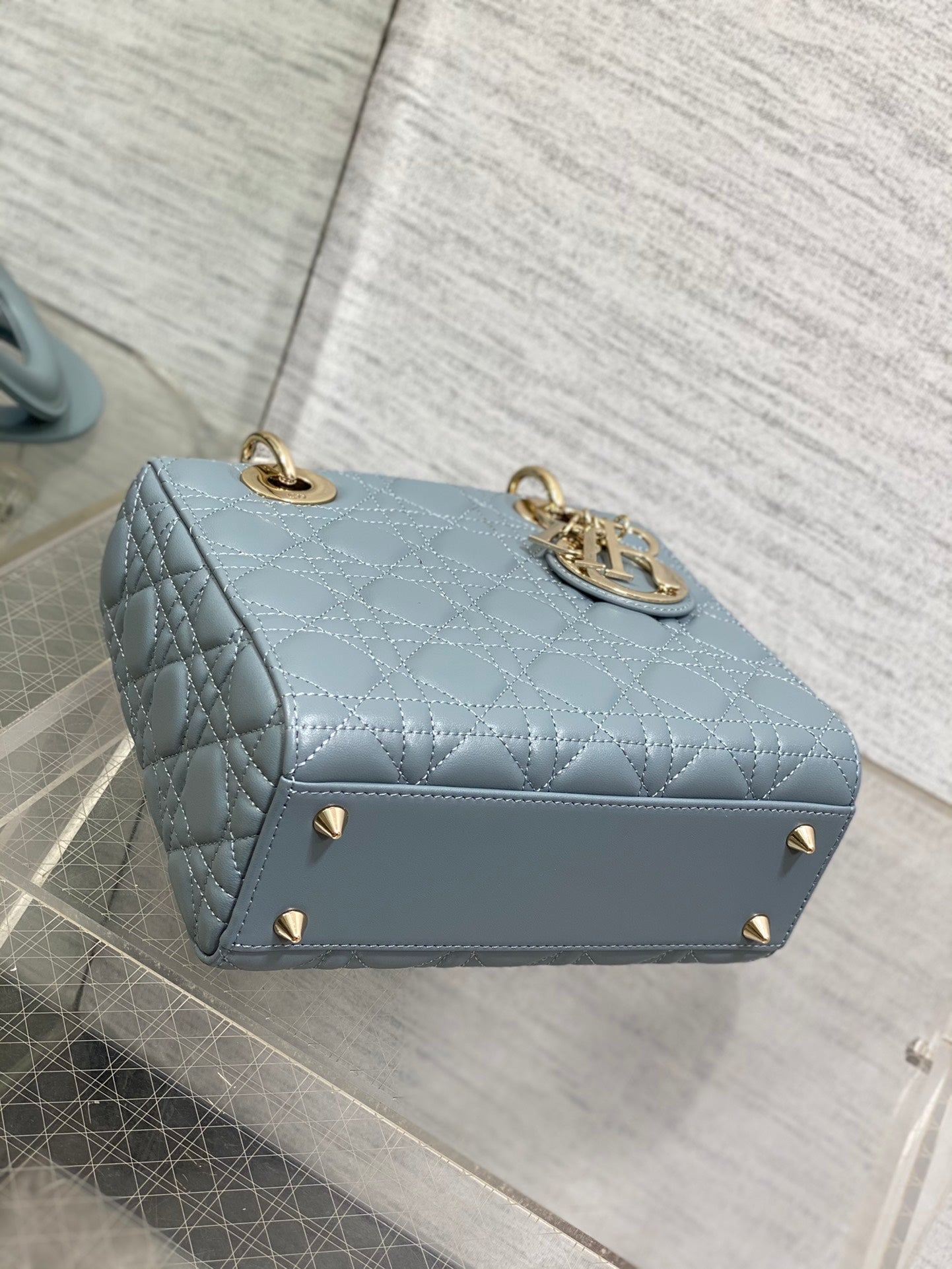 Dior Dusty Blue Quilted Leather Crossbody Bag with Top Handle