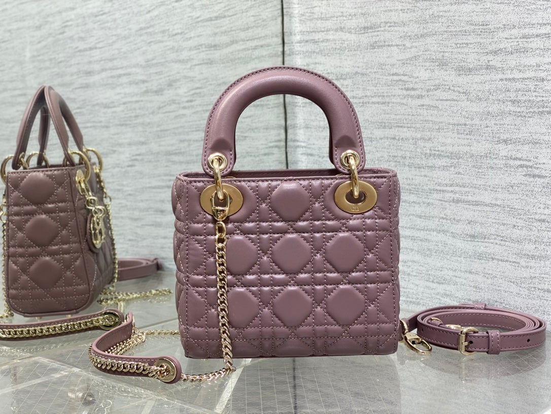 Dior Purple Quilted Leather Handbag with Top Handle and Chain Strap