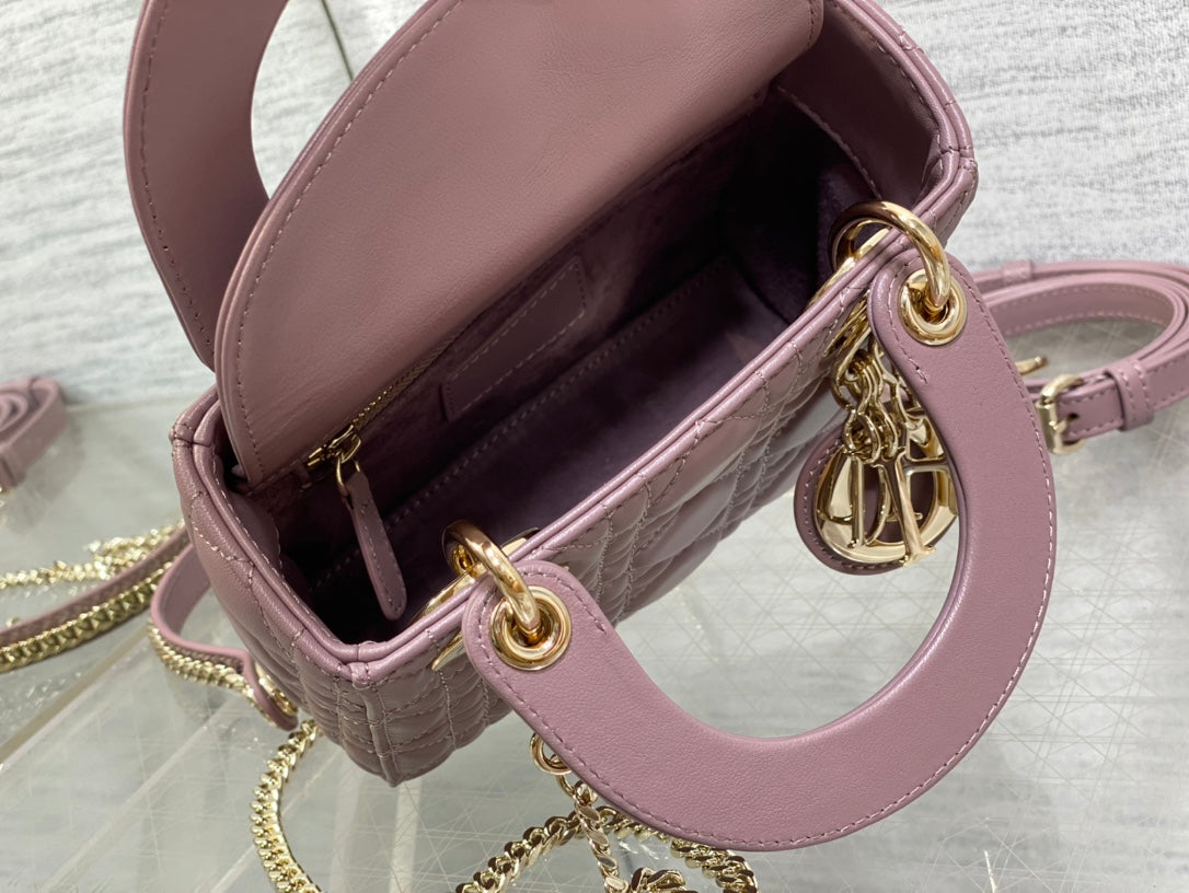 Dior Purple Quilted Leather Handbag with Top Handle and Chain Strap