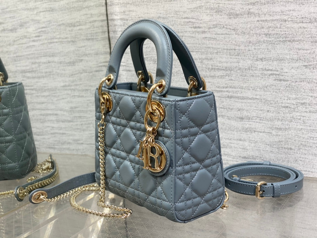 Dior Dusty Blue Quilted Leather Mini Top Handle Crossbody Handbag