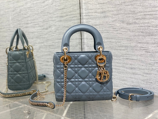 Dior Luxury Dusty Blue Quilted Leather Mini Handbag with Gold Chain