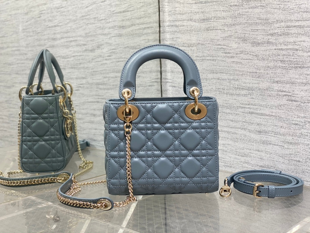 Dior Dusty Blue Quilted Leather Mini Top Handle Crossbody Handbag