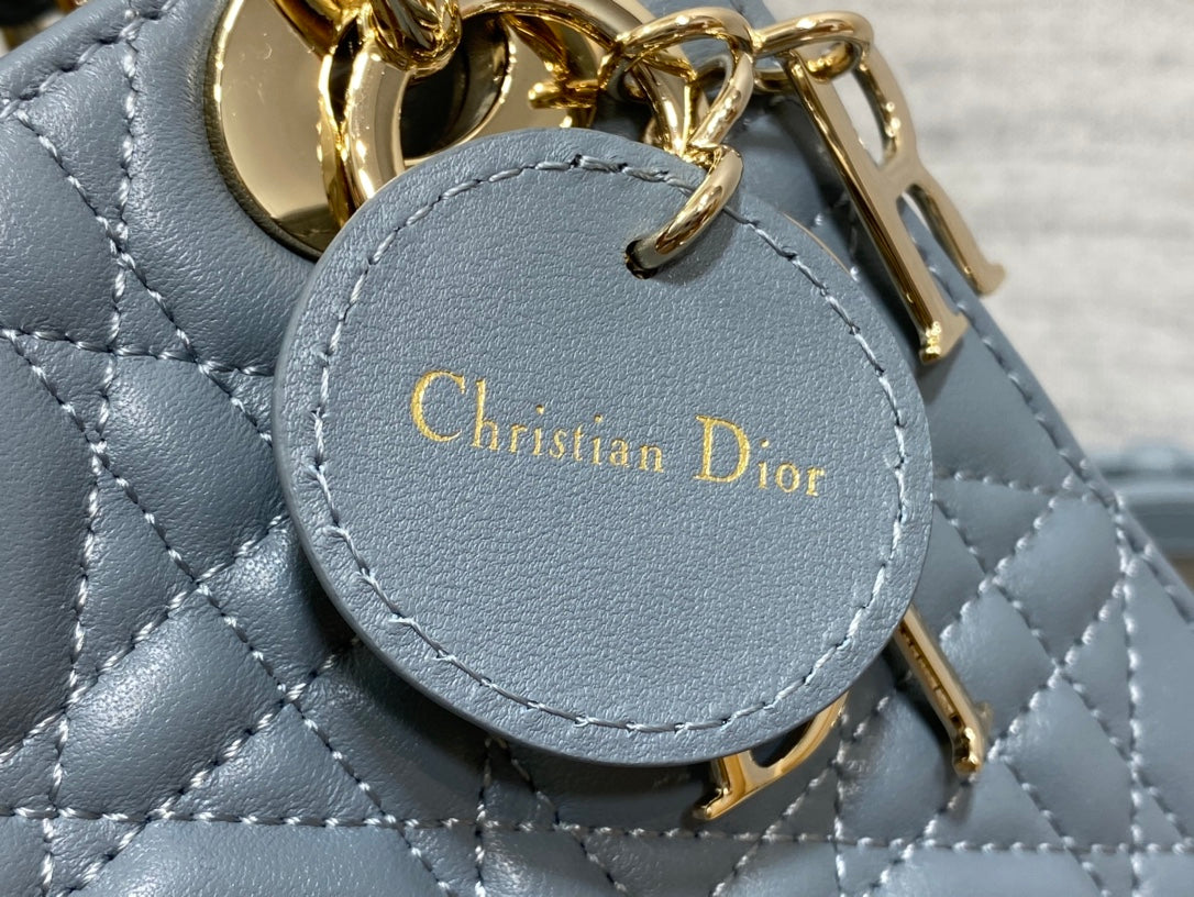 Dior Dusty Blue Quilted Leather Mini Top Handle Crossbody Handbag