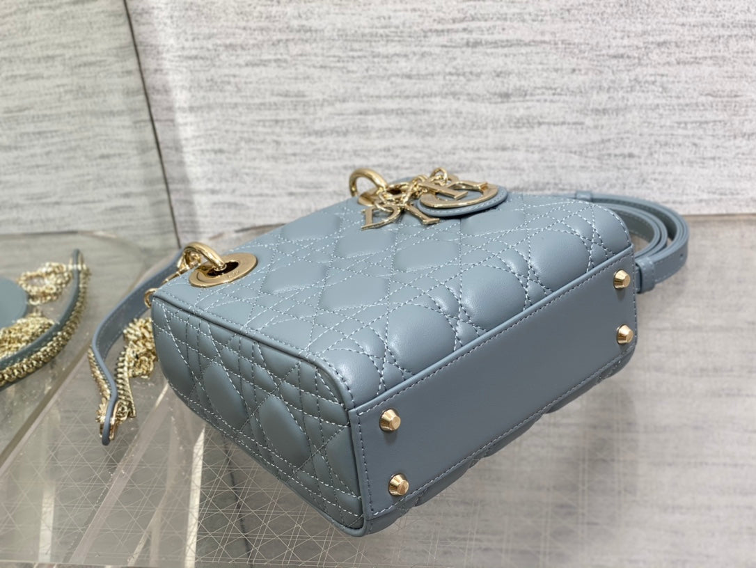 Dior Dusty Blue Quilted Leather Mini Top Handle Crossbody Handbag