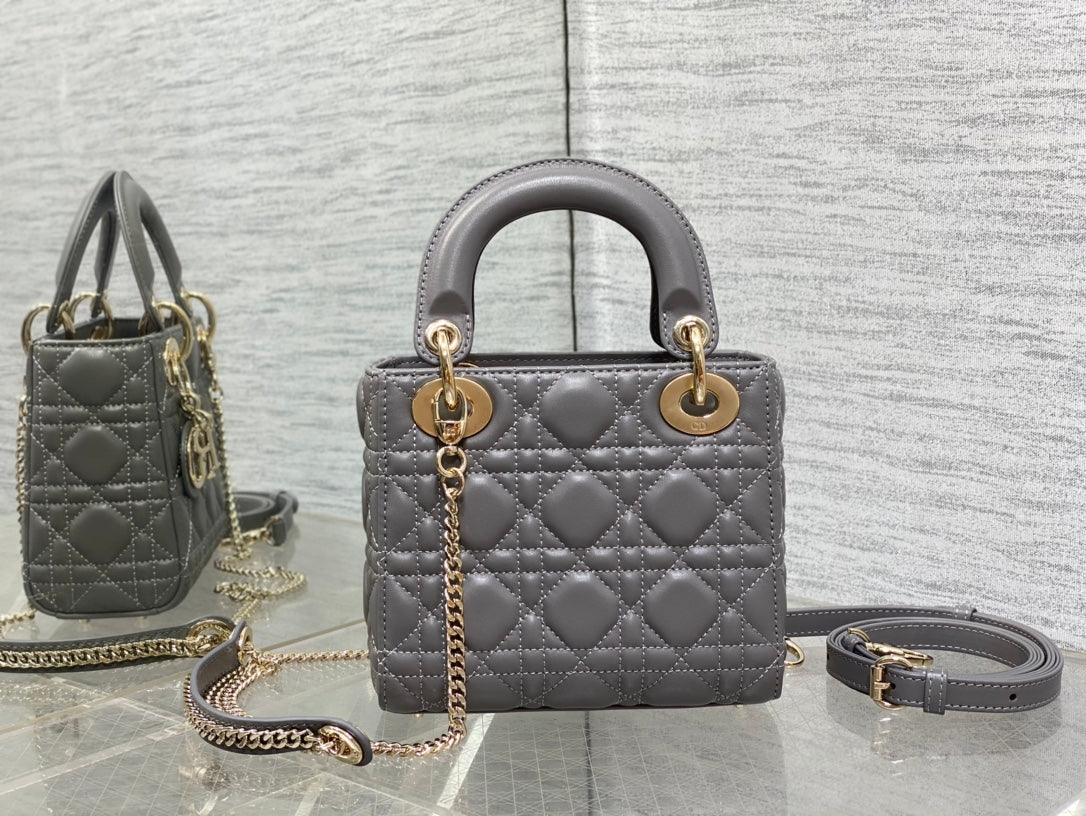 Dior Elegant Grey Quilted Leather Mini Handbag with Gold Chain Strap