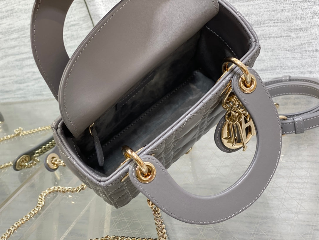 Dior Elegant Grey Quilted Leather Mini Handbag with Gold Chain Strap
