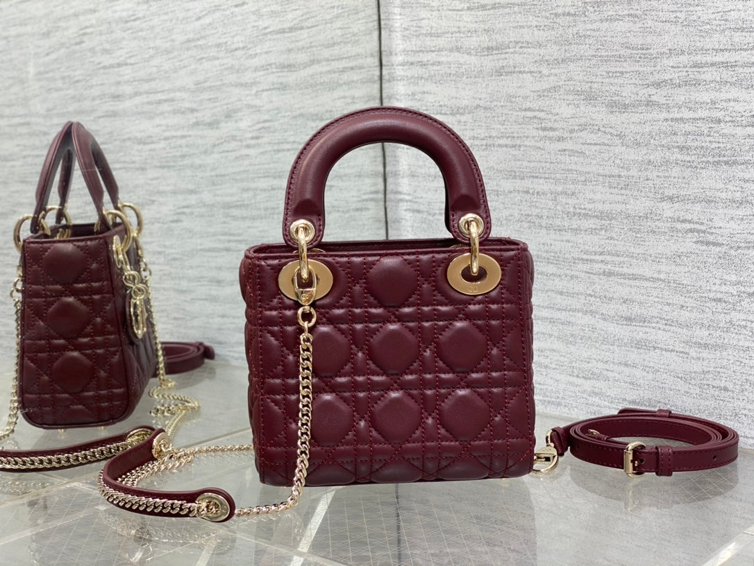 Dior Burgundy Quilted Leather Mini Top Handle Crossbody Bag with Gold Hardware