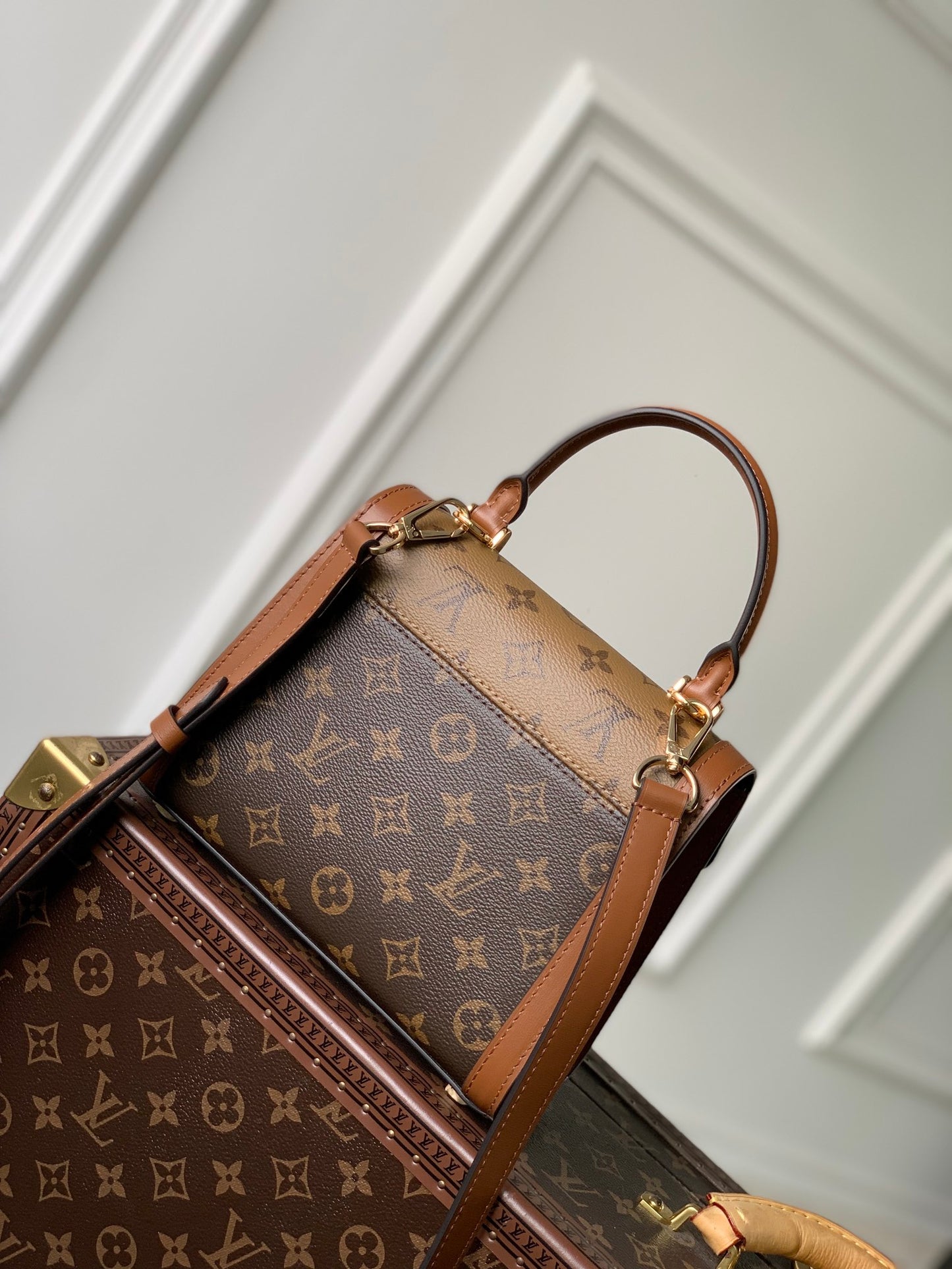 Louis Vuitton Classic Brown Monogram Top Handle Handbag with Gold Clasp