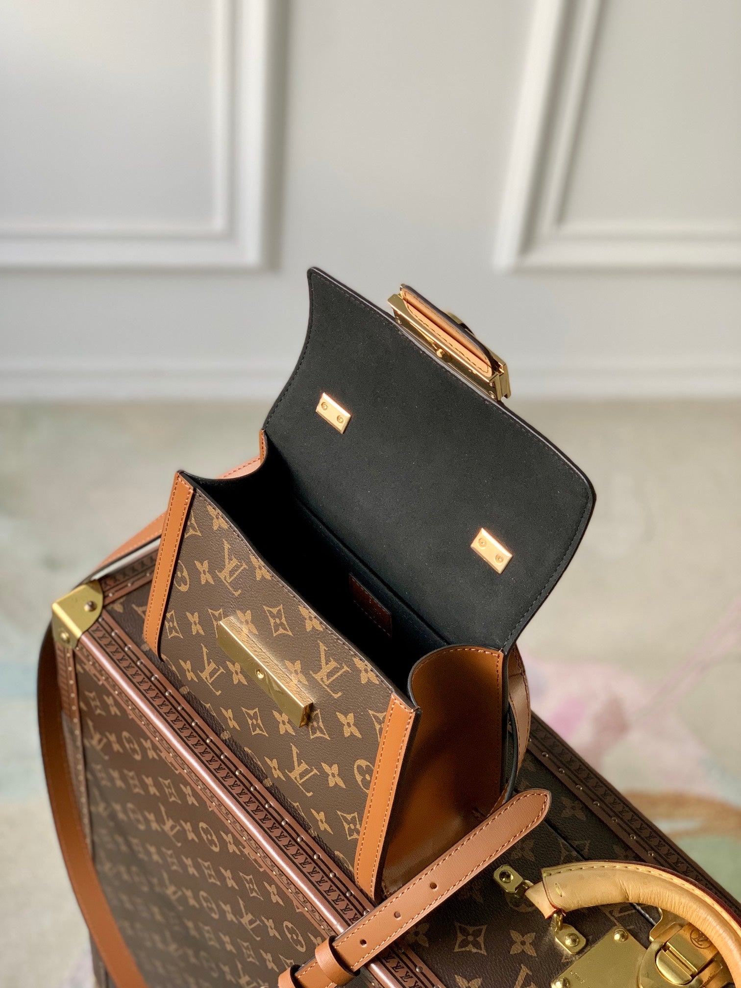 Louis Vuitton Classic Brown Monogram Top Handle Handbag with Gold Clasp