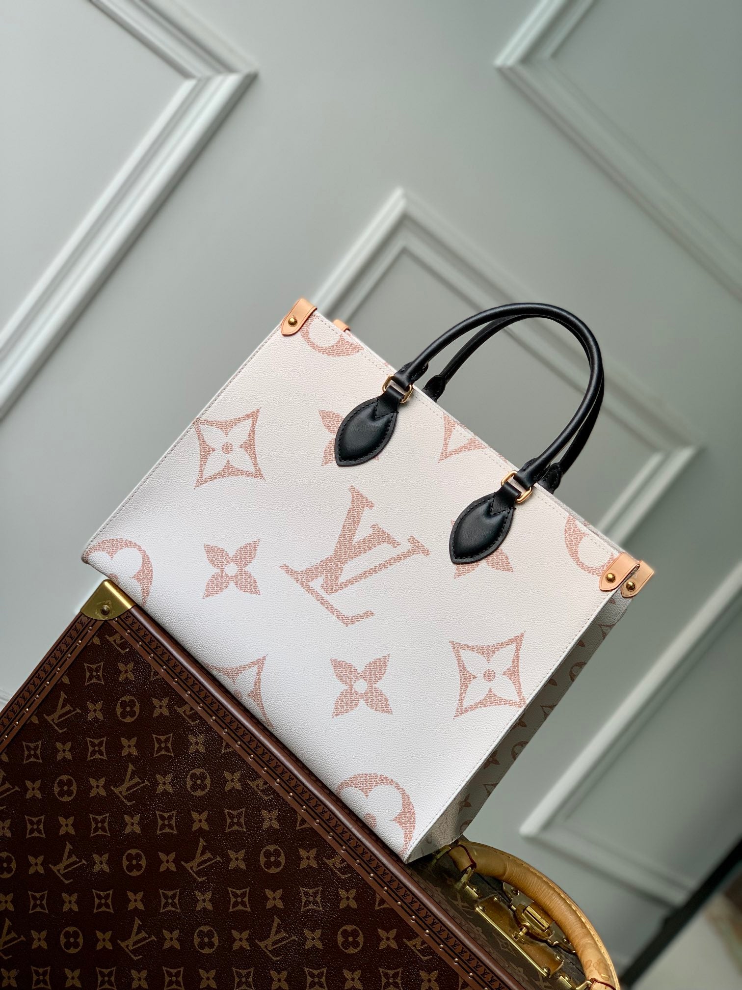 Louis Vuitton Elegant Monogram Print Canvas Tote Bag with Black Top Handles