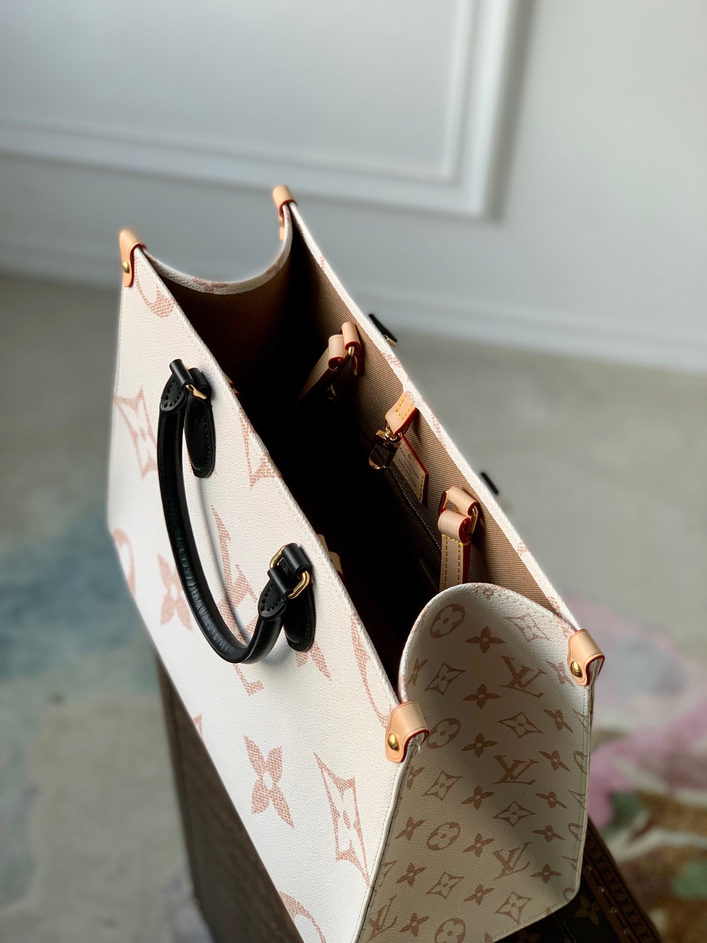 Louis Vuitton Elegant Monogram Print Canvas Tote Bag with Black Top Handles
