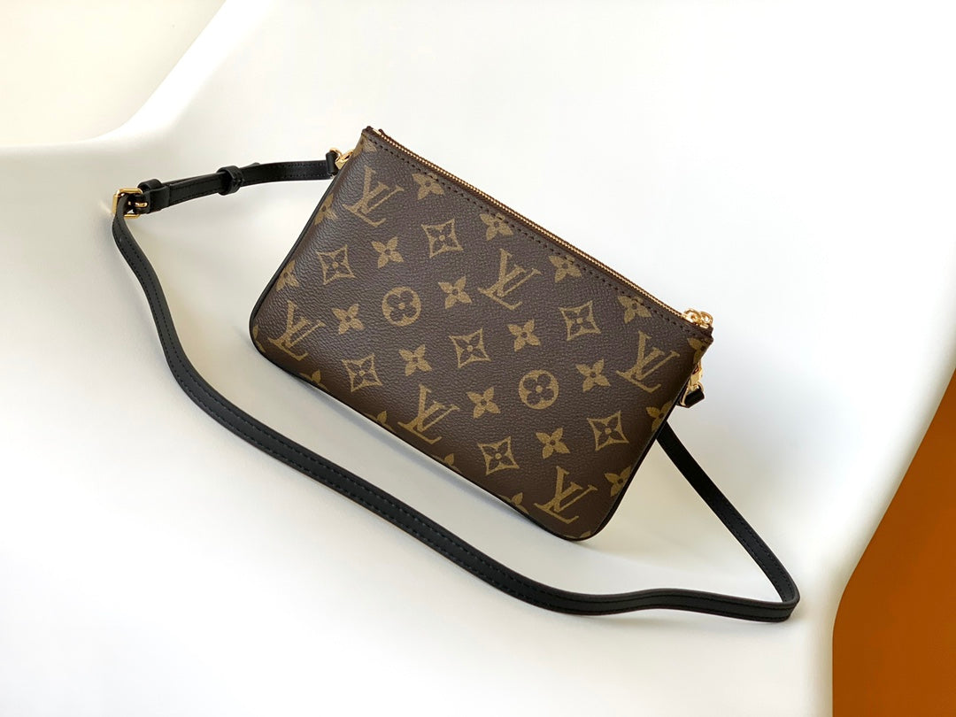 Louis Vuitton Minimalist Tan Logo Print Crossbody Pouch with Slim Black Strap