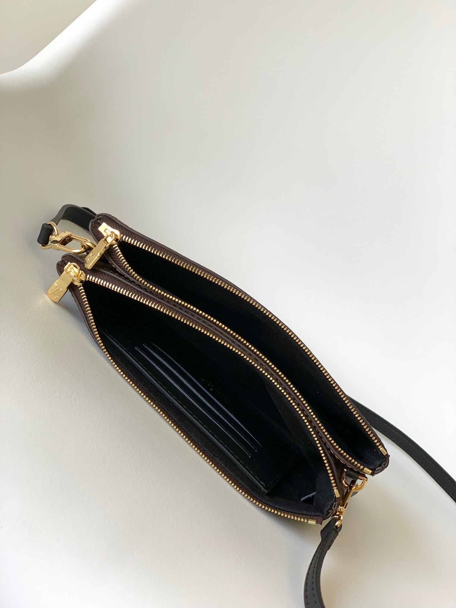 Louis Vuitton Minimalist Tan Logo Print Crossbody Pouch with Slim Black Strap
